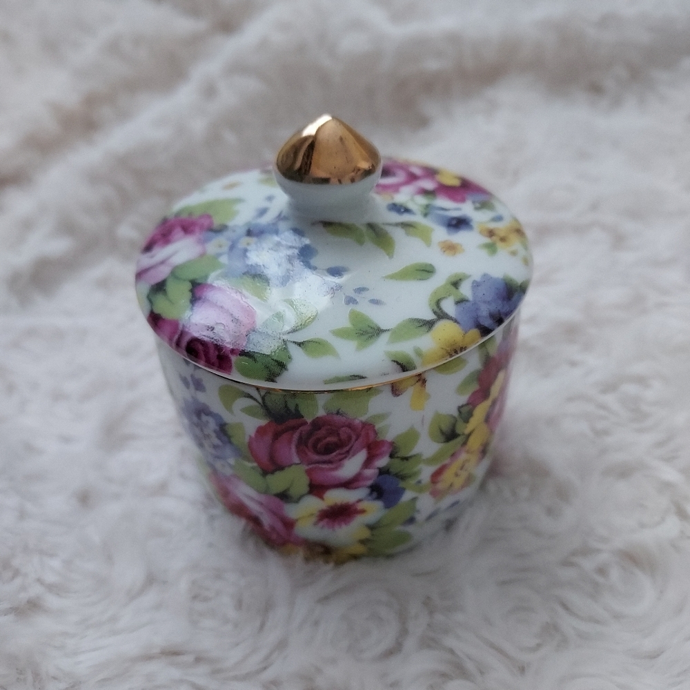 Lovely Floral jar small votive candle trinket box gold tipped lid Cottagecore